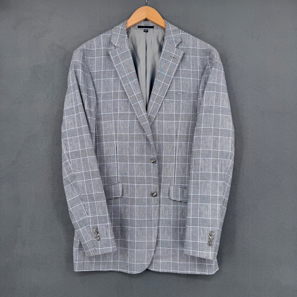Jos. A. Bank 1905 Blazer Mens 40L Blue Grey Plaid Cotton Linen Tailored Sport